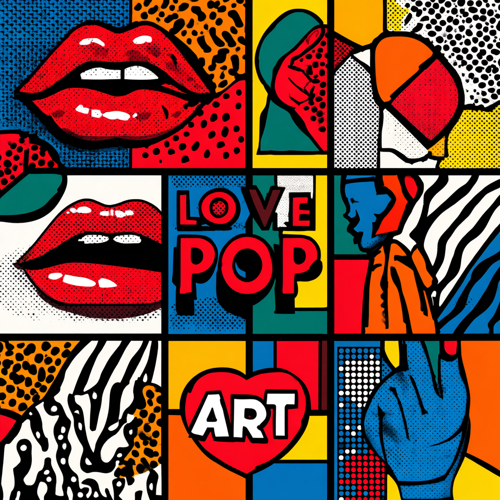 Buntes Pop-Art-Gemälde mit roten Lippen, stilisierten Gesichtern und den Wörtern „LOVE POP ART“ – inspiriert von Comic-Ästhetik und moderner Popkultur.
