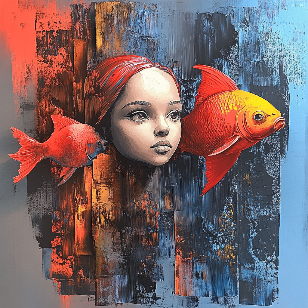 Surrealistisches Porträt eines Mädchens, dessen Kopf zwischen zwei leuchtend roten Fischen schwebt, vor einem abstrakten Hintergrund aus Blau und Orange.

