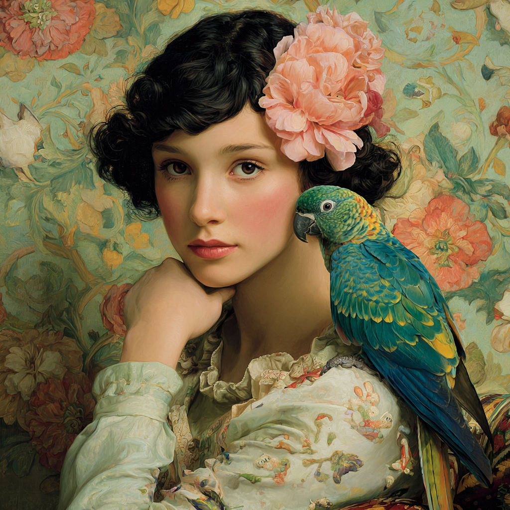 Ein junges Mädchen mit einer großen rosa Blume im Haar sitzt vor einem floralen Hintergrund, während ein farbenprächtiger Papagei auf ihrer Schulter ruht.
