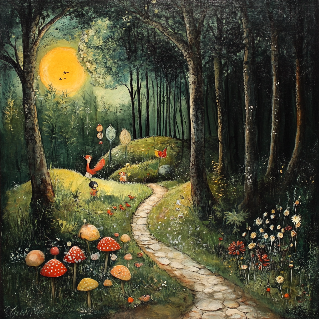 Märchenhafte Waldszene mit einem gewundenen Pfad, der durch Pilze und Blumen führt, während die Sonne warm durch die Bäume scheint und kleine Fabelwesen zwischen dem Gras sichtbar sind.
