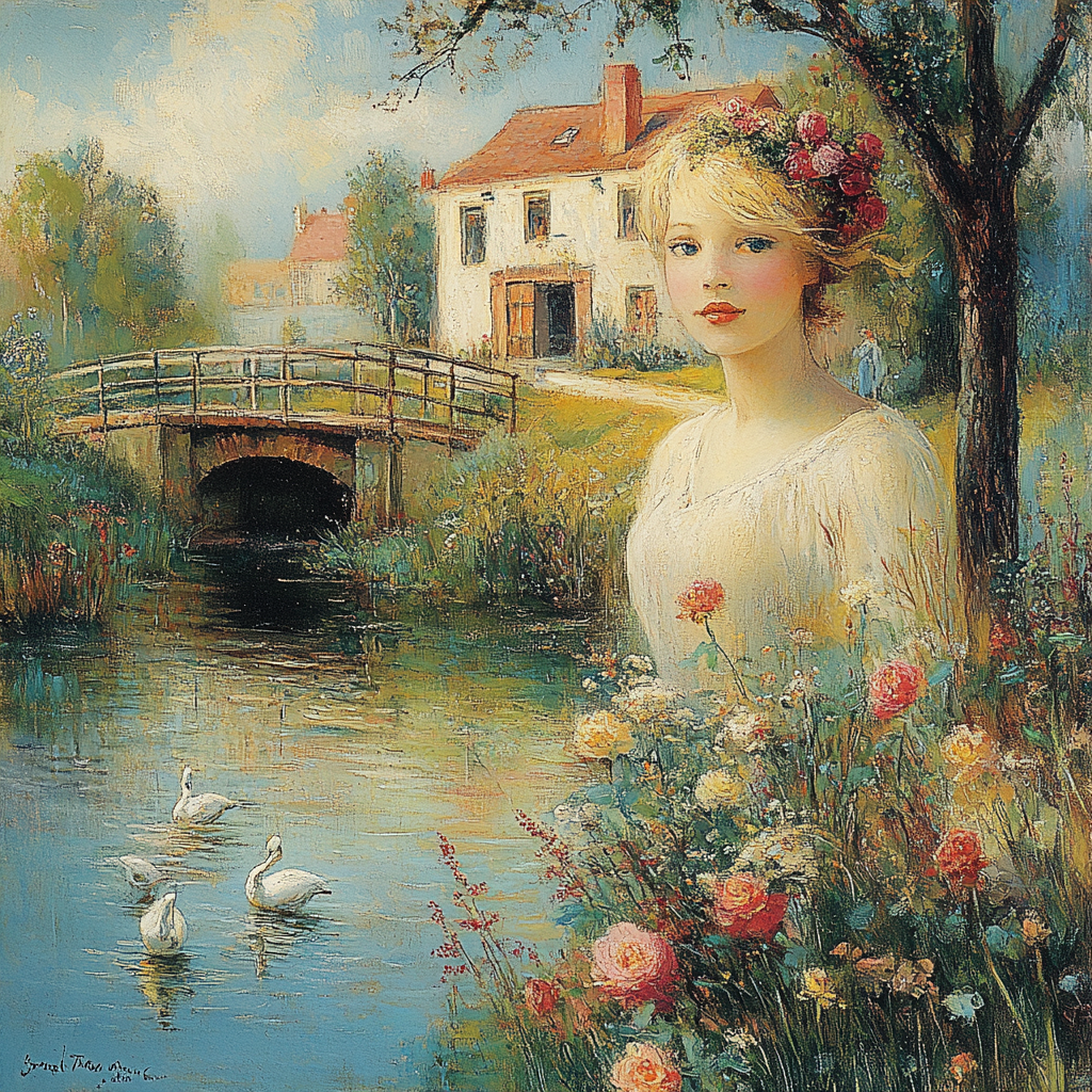 Romantisches Gemälde eines Mädchens mit Blumenkranz am Fluss mit Schwänen und Landhaus
