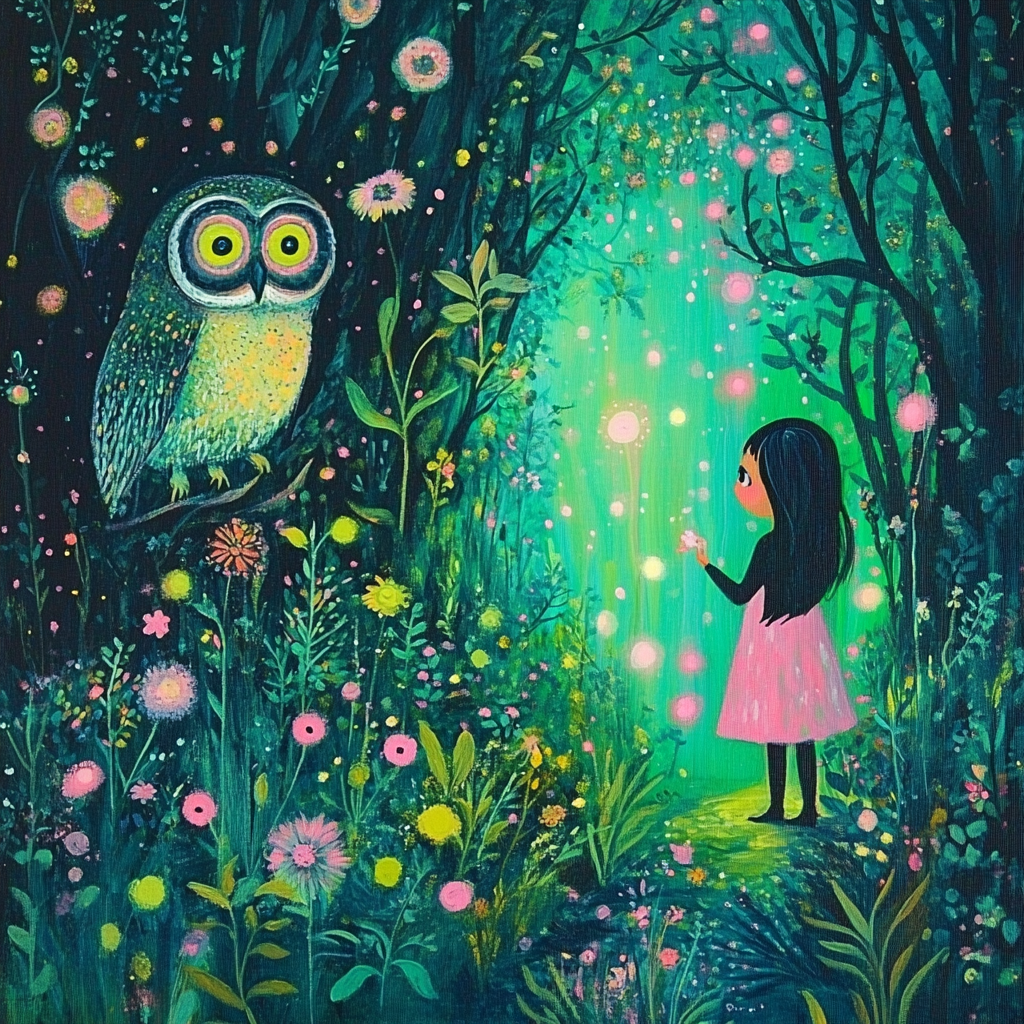 Mädchen im pinken Kleid steht im leuchtenden Zauberwald vor einer Eule – fantasievolles Kunstwerk voller Magie, Licht und Farbe.
