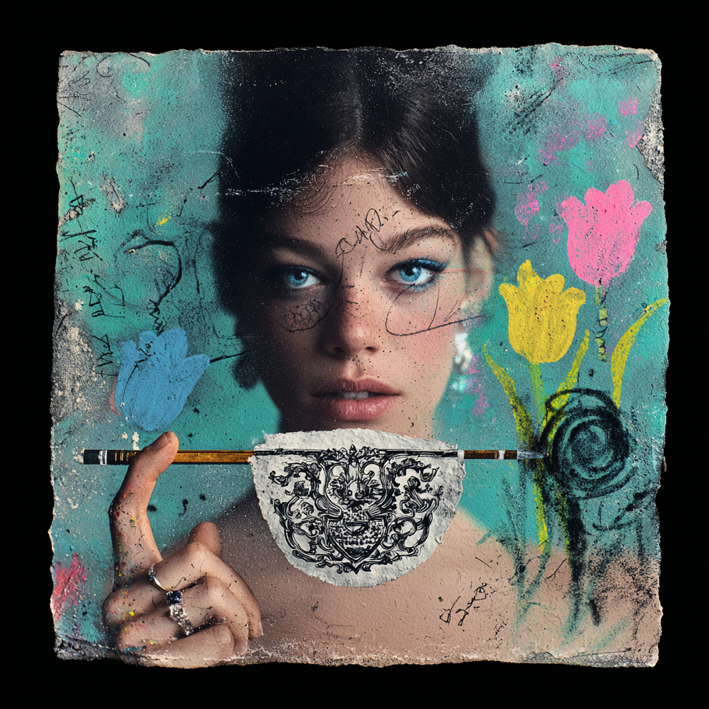 Realistisches Porträt einer Frau kombiniert mit farbenreicher Street-Art, Blumenmotiven und grafischen Zeichnungen auf einer texturierten Wand.
