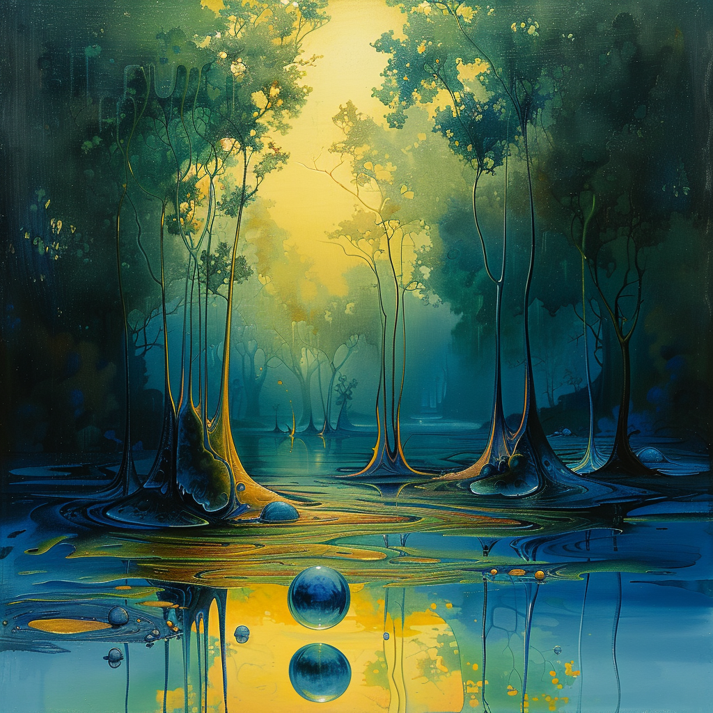Mystischer Wald mit spiegelndem Wasser und leuchtender Kugel im gold-blauen Licht – digitale Kunst mit surrealer Tiefe.
