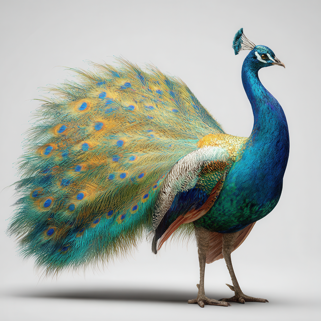 Majestätischer Pfau mit schillerndem Federkleid vor hellem Studiobackground.
