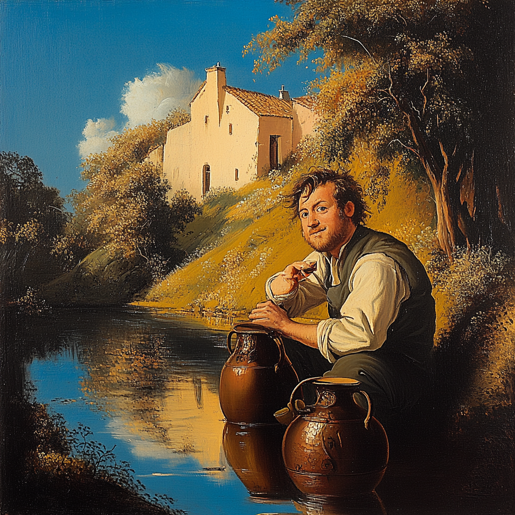 Gemälde eines Mannes am Fluss mit Krügen, vor einem Haus in einer idyllischen Landschaft
