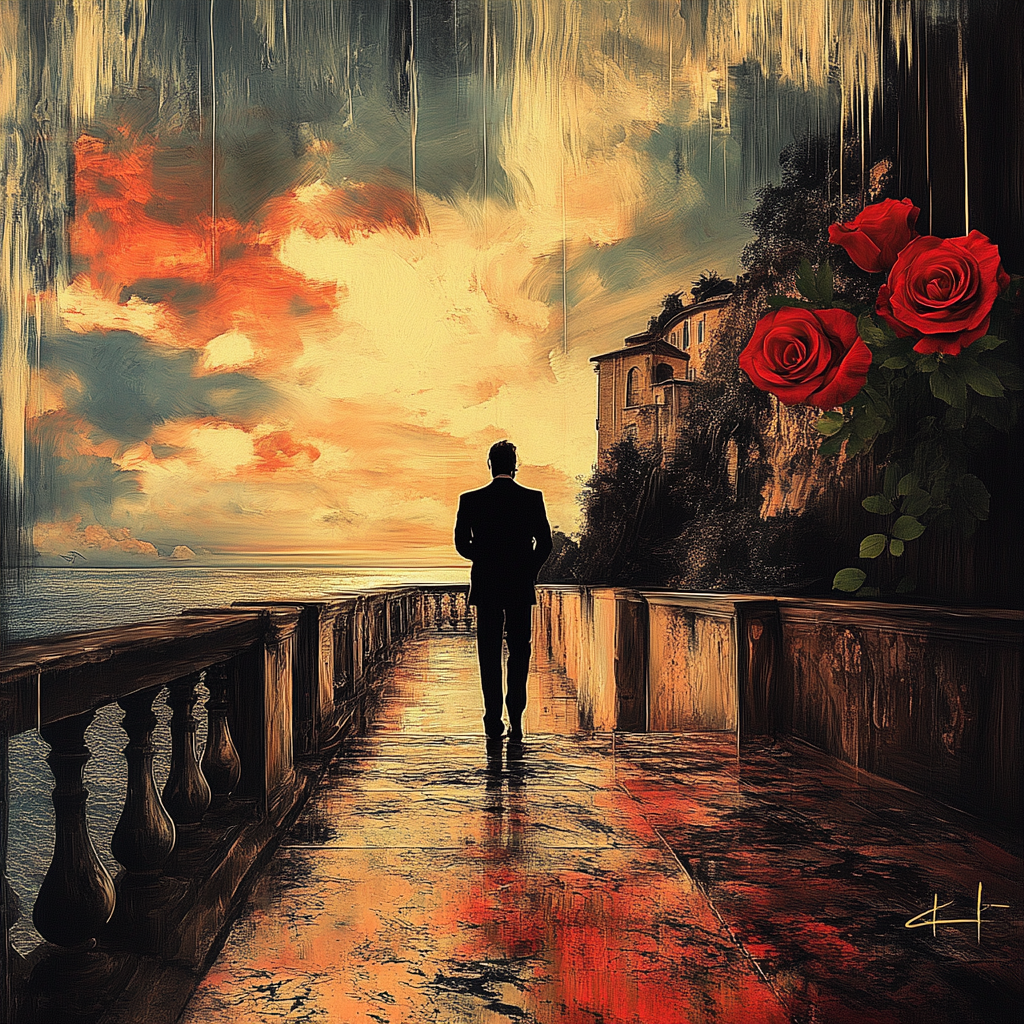 Gemälde eines Mannes, der bei Sonnenuntergang an einer Küste entlanggeht, mit roten Rosen im Vordergrund
