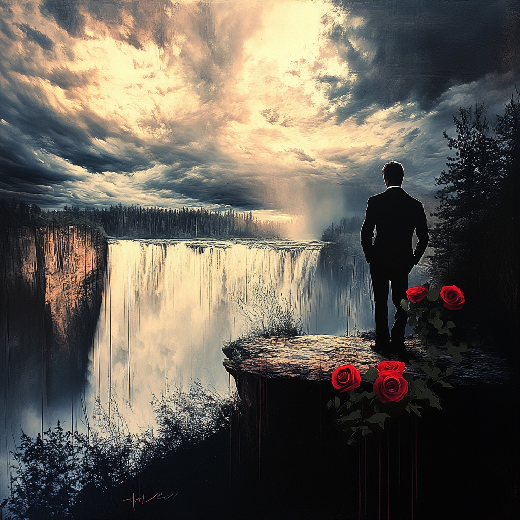 Gemälde eines Mannes, der am Rand eines Wasserfalls steht, mit roten Rosen im Vordergrund und einem dramatischen Himmel
