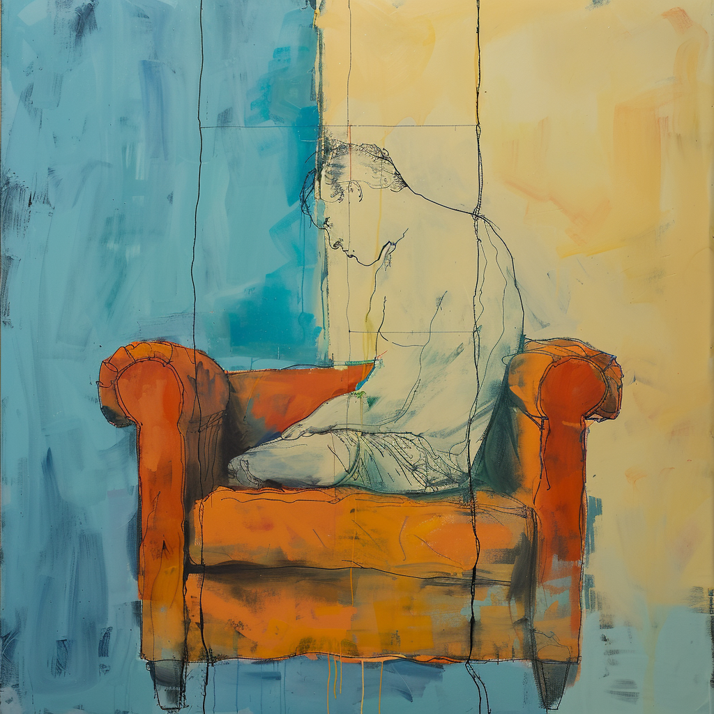 Nachdenkliches Porträt eines Mannes auf einem orangefarbenen Sessel vor blau-gelbem Hintergrund, in ruhiger, expressiver Linienführung.
