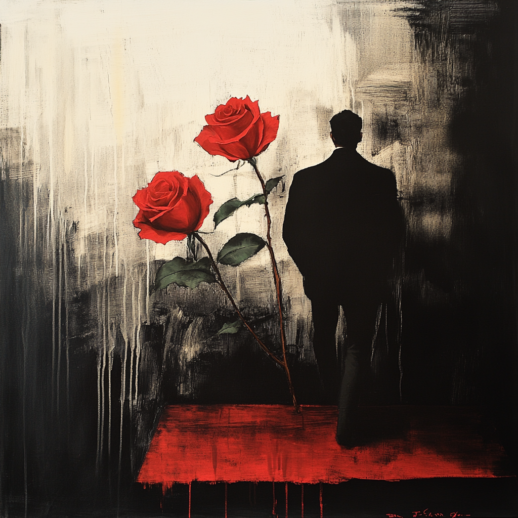 Gemälde eines Mannes in Schwarz vor zwei roten Rosen auf abstraktem Schwarz-Weiß-Hintergrund
