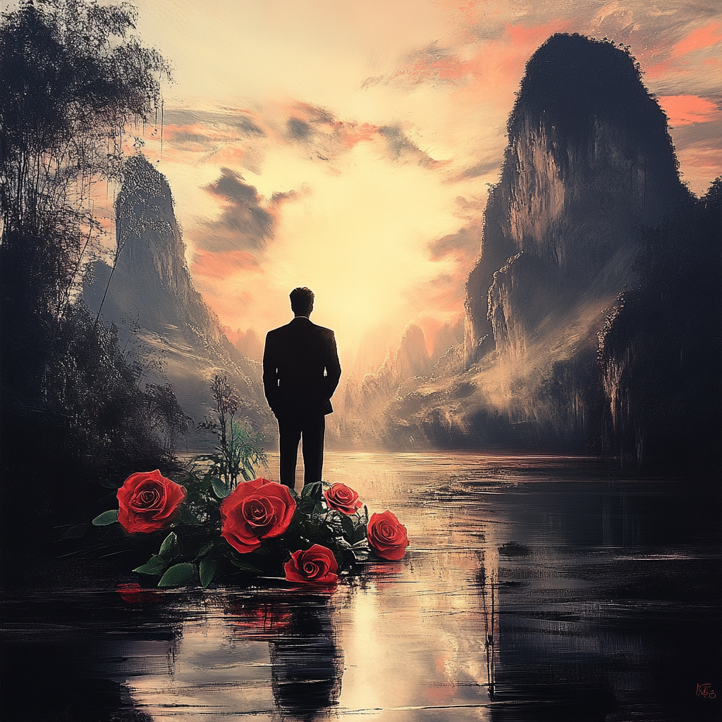 Gemälde eines Mannes, der bei Sonnenaufgang vor einer Berglandschaft steht, mit roten Rosen im Vordergrund
