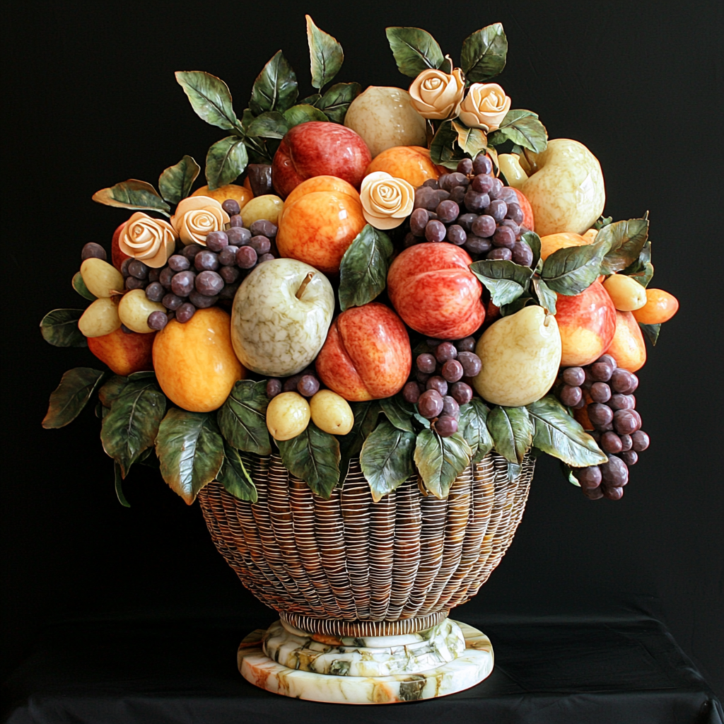 Skulptur eines kunstvoll gearbeiteten Fruchtkorbs aus Marmor mit Äpfeln, Trauben, Birnen und Rosenblättern auf dunklem Hintergrund

