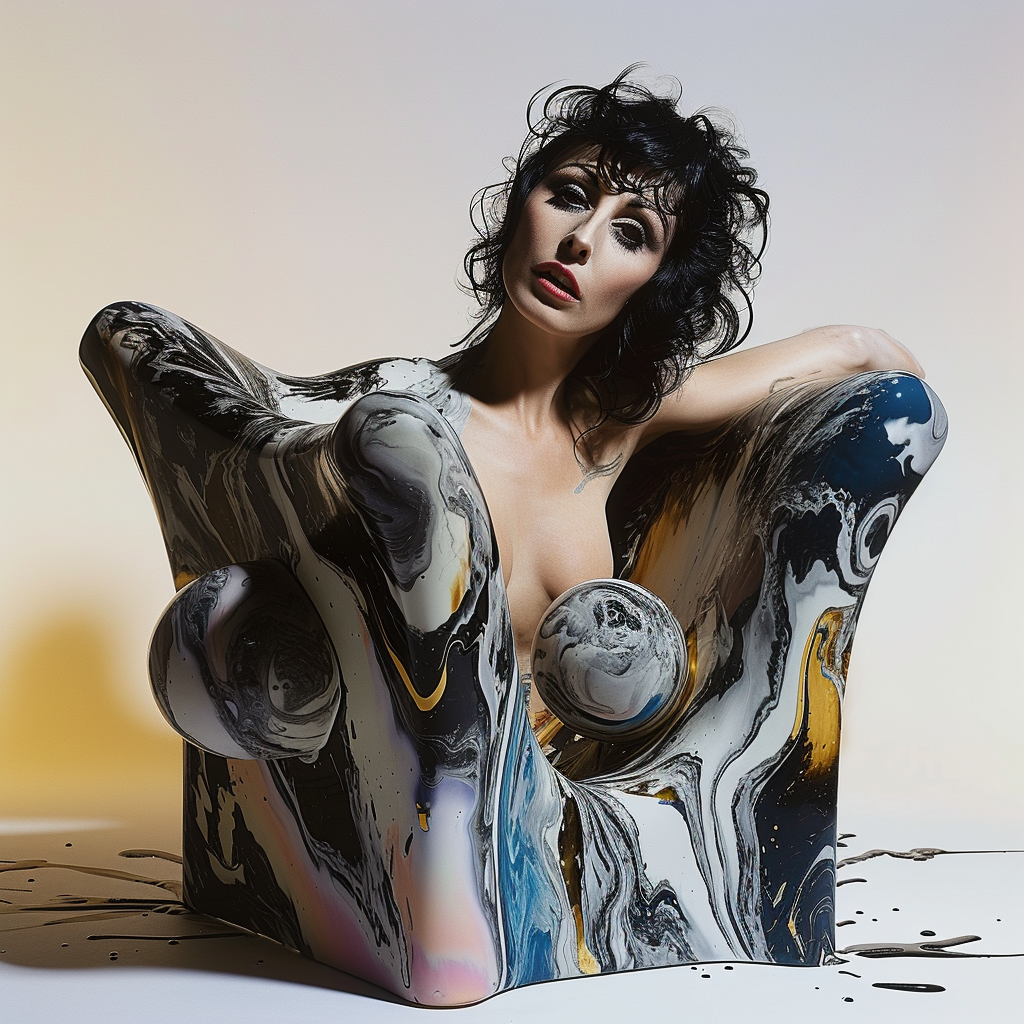 Porträt einer Frau, die aus einer skulpturalen Form aus marmorierten Strukturen in Schwarz, Weiß und Gold emporsteigt, mit intensiver Mimik und künstlerischem Ausdruck.
