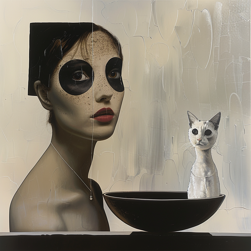 Surreales Porträt einer Frau mit dunklen Augenmasken und einer weißen Katze in einer Schale – stille, geheimnisvolle Szene zwischen Nähe und Fremdheit.
