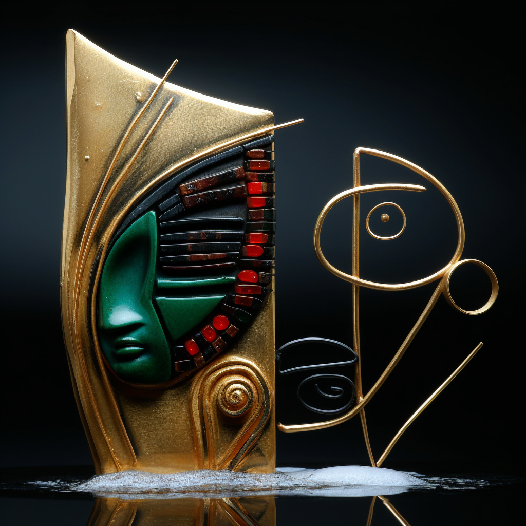 Abstrakte Skulptur mit grünem Maskenfragment, goldenen Linien und geometrischen Formen – surrealistische Verbindung von Materie und Symbol.
