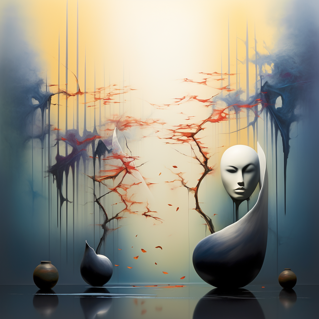 Surreale Landschaft mit schwebenden Masken, Gefäßen und abstrakten Ästen – poetische Szene zwischen Vergänglichkeit und Stille.
