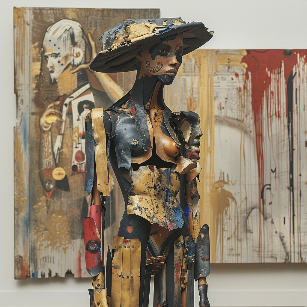 Abstrakte Skulptur einer Frau aus Metall und Farbe, mit goldenen und dunklen Tönen, vor einem expressionistischen Hintergrund.
