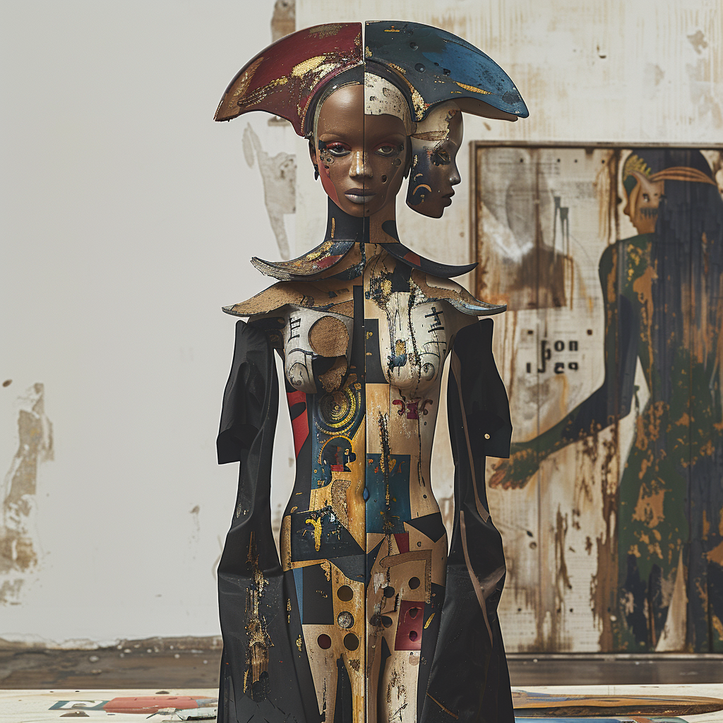 Surreale Figur zwischen Mensch und Maschine – bemalte, fragmentierte Gestalt mit ritueller Anmutung und mechanischer Symbolik.
