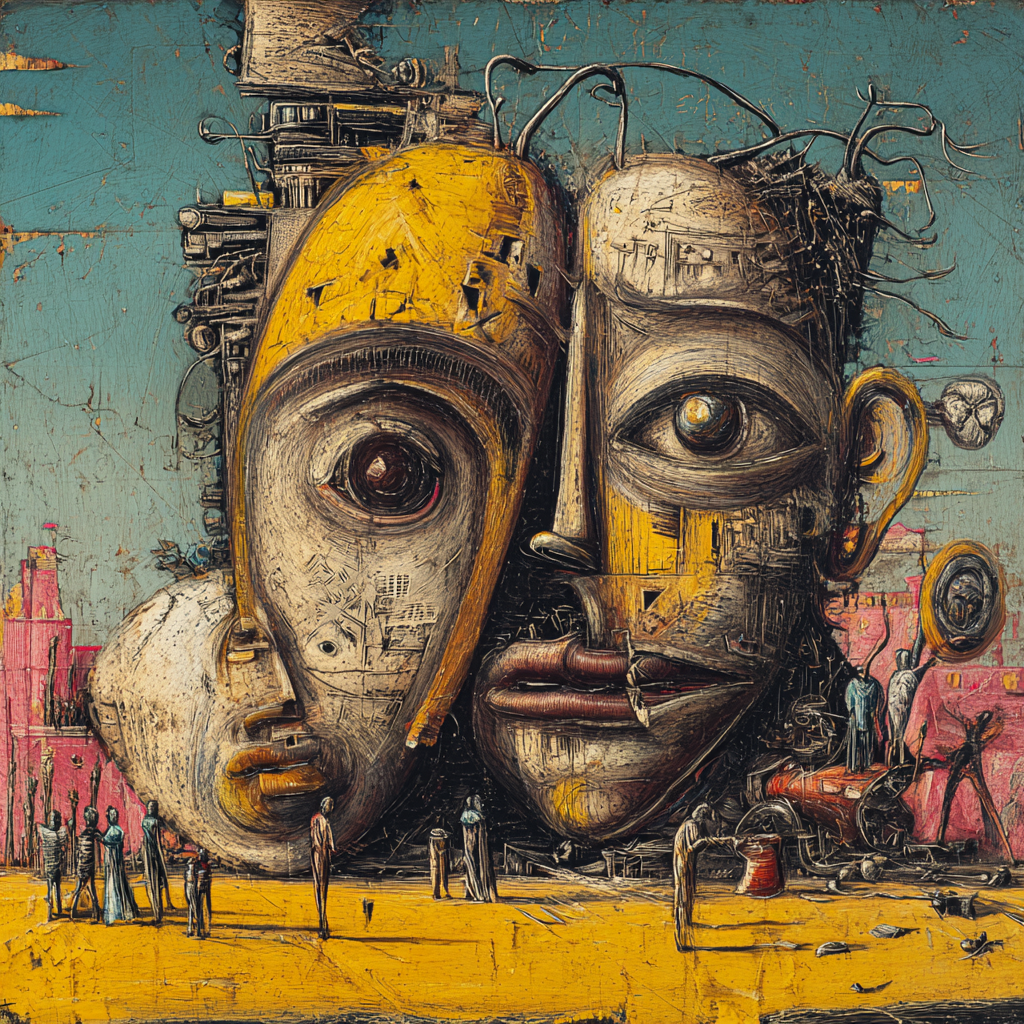 Surreale, goldene und metallische Komposition aus mehreren Gesichtern und mechanischen Elementen – ein monumentales Hybridwesen aus Mensch und Maschine in einer Wüstenlandschaft.
