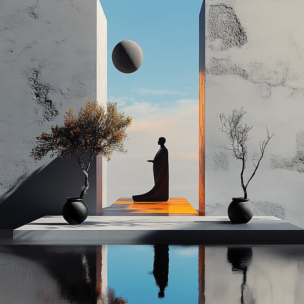 Minimalistische Szene mit einer Figur in Meditationshaltung zwischen zwei Mauern, über ihr schwebt eine dunkle Kugel – ruhige Komposition aus Licht, Schatten und Wasser.
