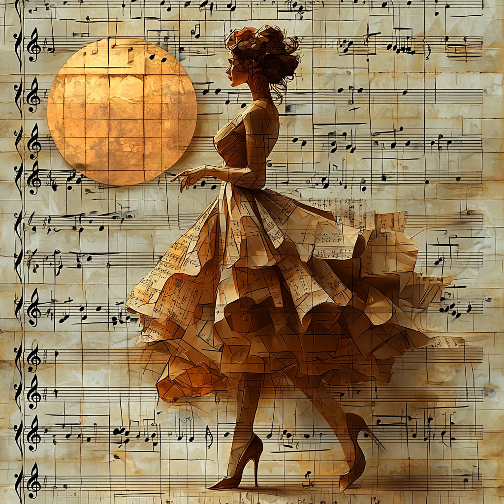 Frau in einem Kleid aus Notenpapier unter goldenem Mond auf einem Hintergrund aus Musiknoten.
