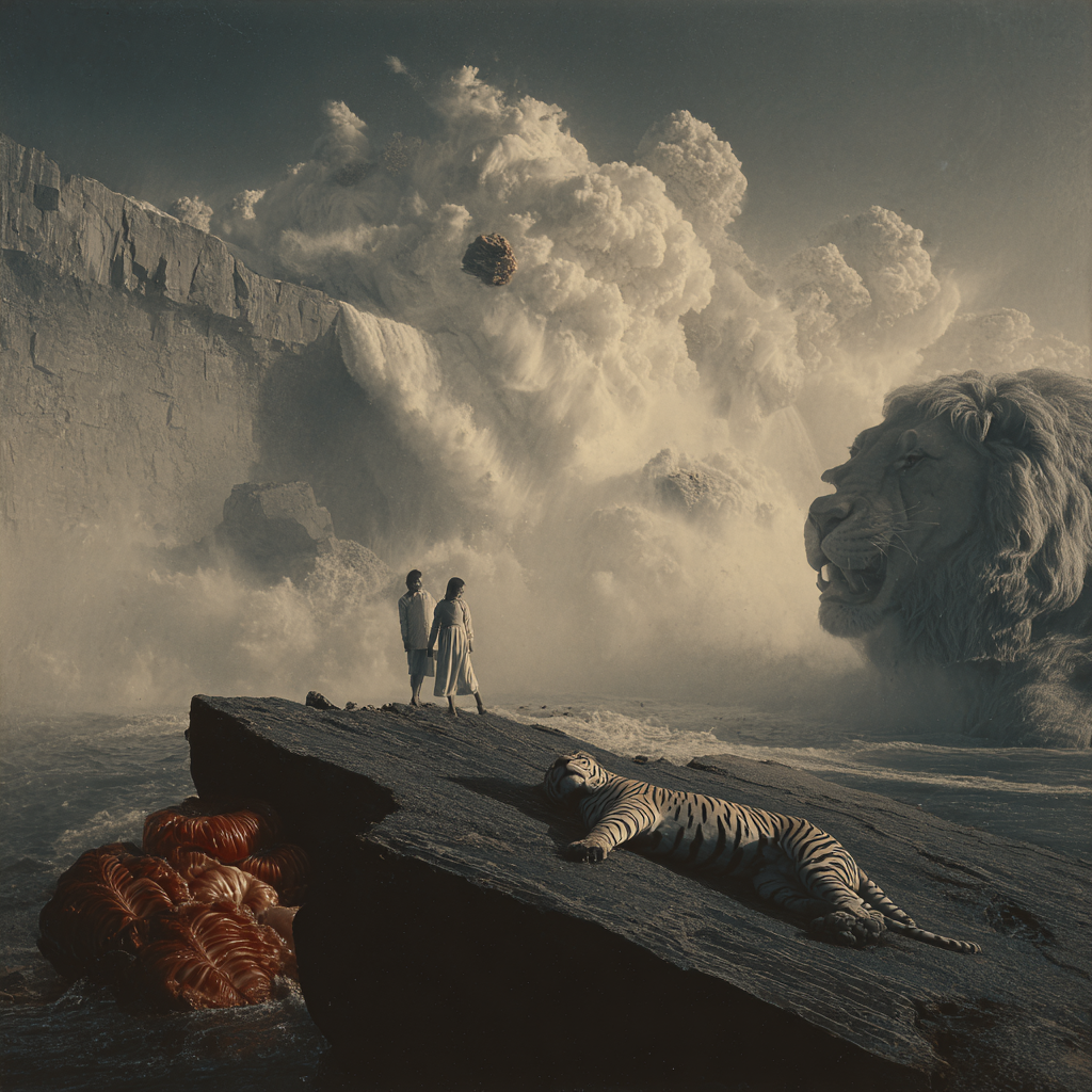 Zwei Menschen stehen auf einem Felsen vor einer tosenden Wolkenwand, während ein riesiger Löwe aus dem Sturm auftaucht – Sinnbild für Mut, Ehrfurcht und Naturgewalt.
