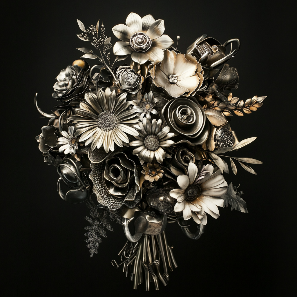 Metallischer Blumenstrauß aus silbernen und goldenen Blüten auf dunklem Hintergrund
