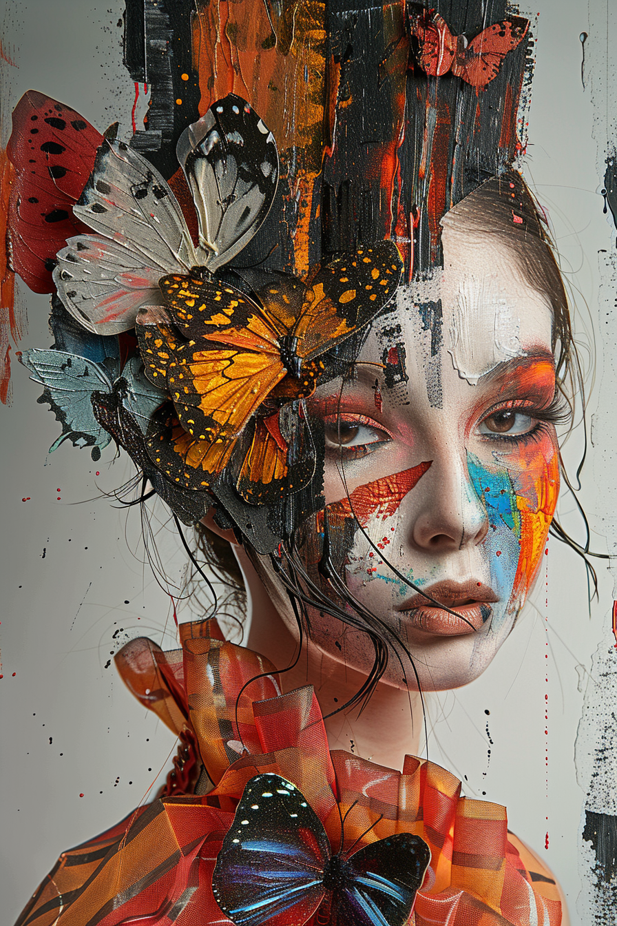 kunstportrait einer frau mit schmetterlingen und farbexplosion auf haut und kleid

