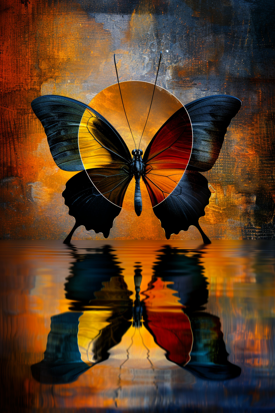 Ein farbintensiver Schmetterling mit Flügeln in Schwarz, Rot und Gold, der sich vor einem abstrakten, leuchtenden Hintergrund über Wasser spiegelt.
