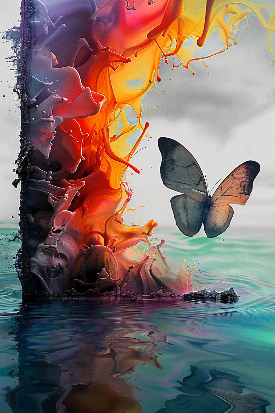 Surreale Komposition aus farbexplosivem Farbstrudel und einem schwebenden Schmetterling über Wasser – Symbol für Wandlung, Leichtigkeit und Neubeginn.
