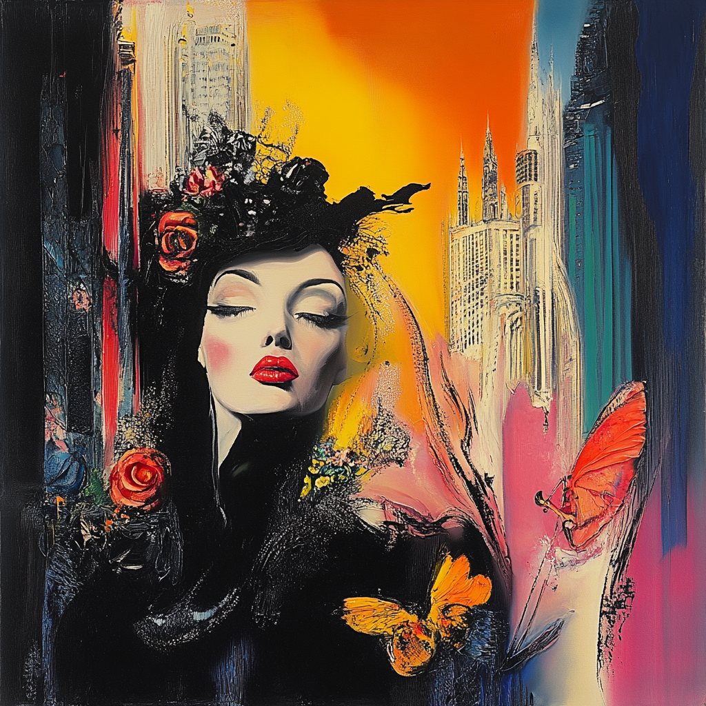 frau mit rosen und schmetterlingen vor stadtlandschaft in warmen farben
