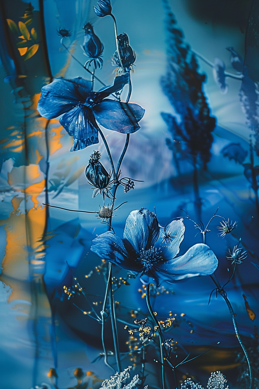 Stimmungsvolles Blumenmotiv in tiefen Blautönen mit feinen goldenen Akzenten und weicher Lichtführung. Zeitgenössisches Stillleben mit verträumter Atmosphäre.
