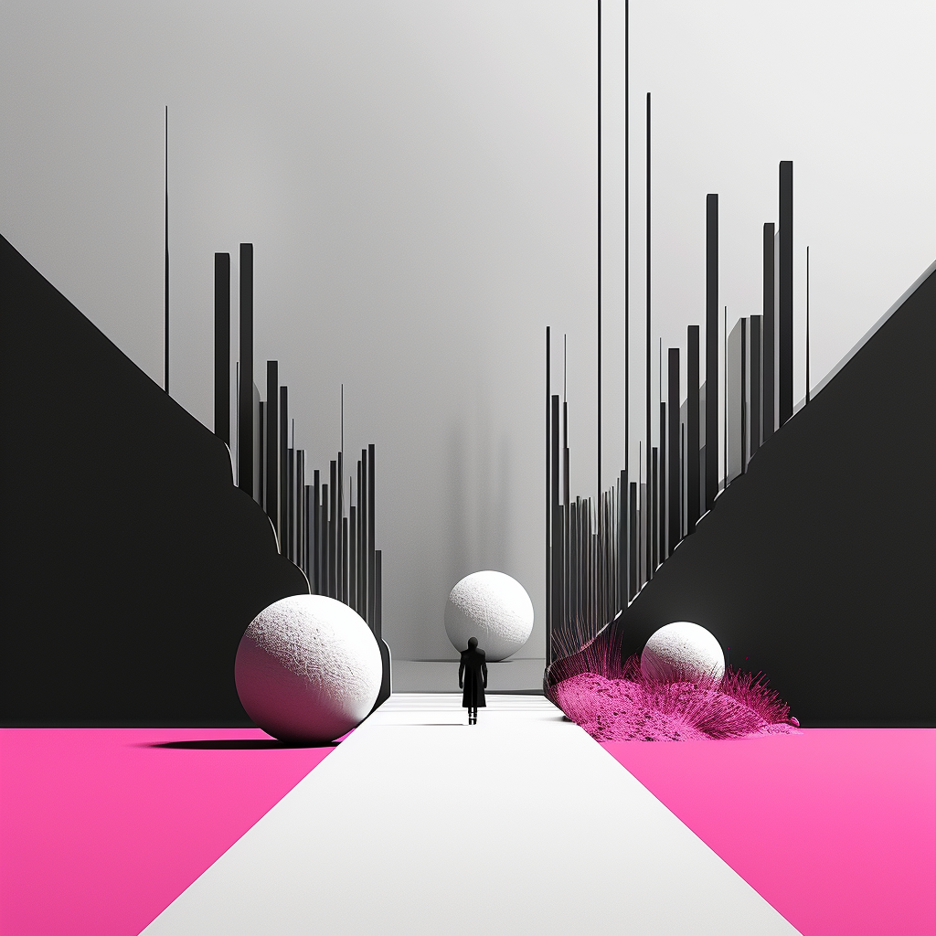 Minimalistische digitale Landschaft mit geometrischen Formen, weißen Kugeln und Akzenten in Pink – surrealistische Architekturkunst.
