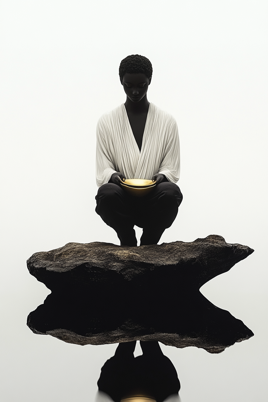 Minimalistisches Kunstwerk einer sitzenden Person mit goldener Schale auf Felsen
