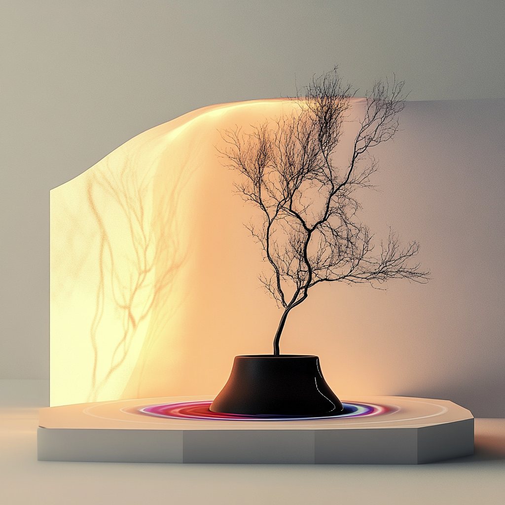 Zarter Baum in dunkler Schale, beleuchtet von warmem Licht – minimalistische digitale Kunst mit ruhiger, meditativer Atmosphäre.
