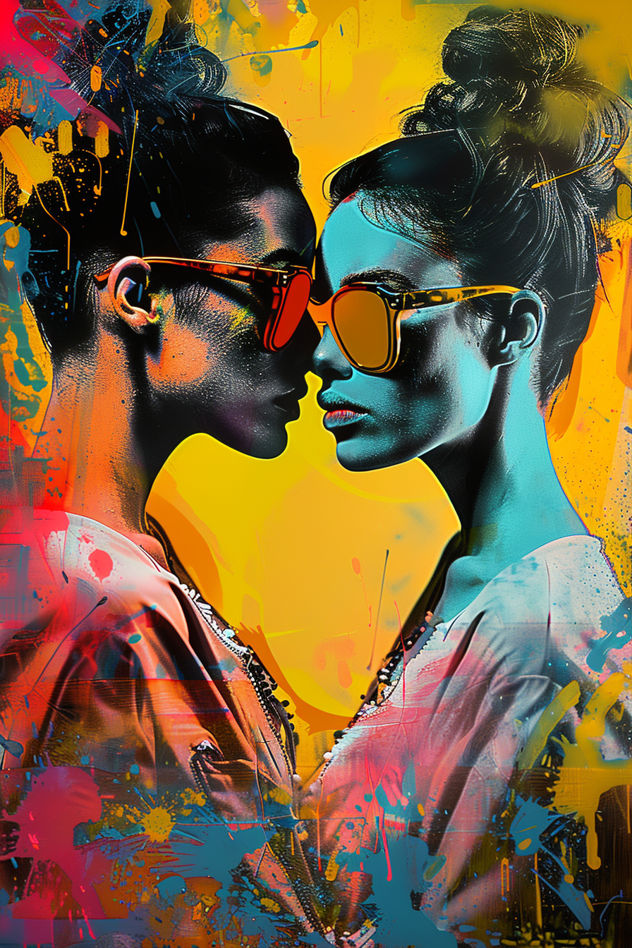 Zwei sich gegenüberstehende Personen mit Sonnenbrillen in leuchtenden Farben – symbolische Darstellung von Dualität, Selbstbild und innerer Resonanz
