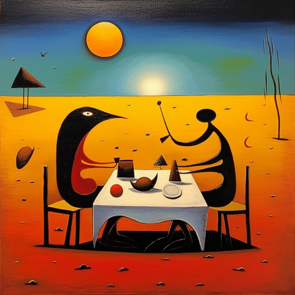 Surreales Gemälde zweier abstrahierter Figuren an einem Tisch in einer sonnendurchfluteten Wüstenlandschaft – Symbol für Begegnung, Zeit und Stille.
