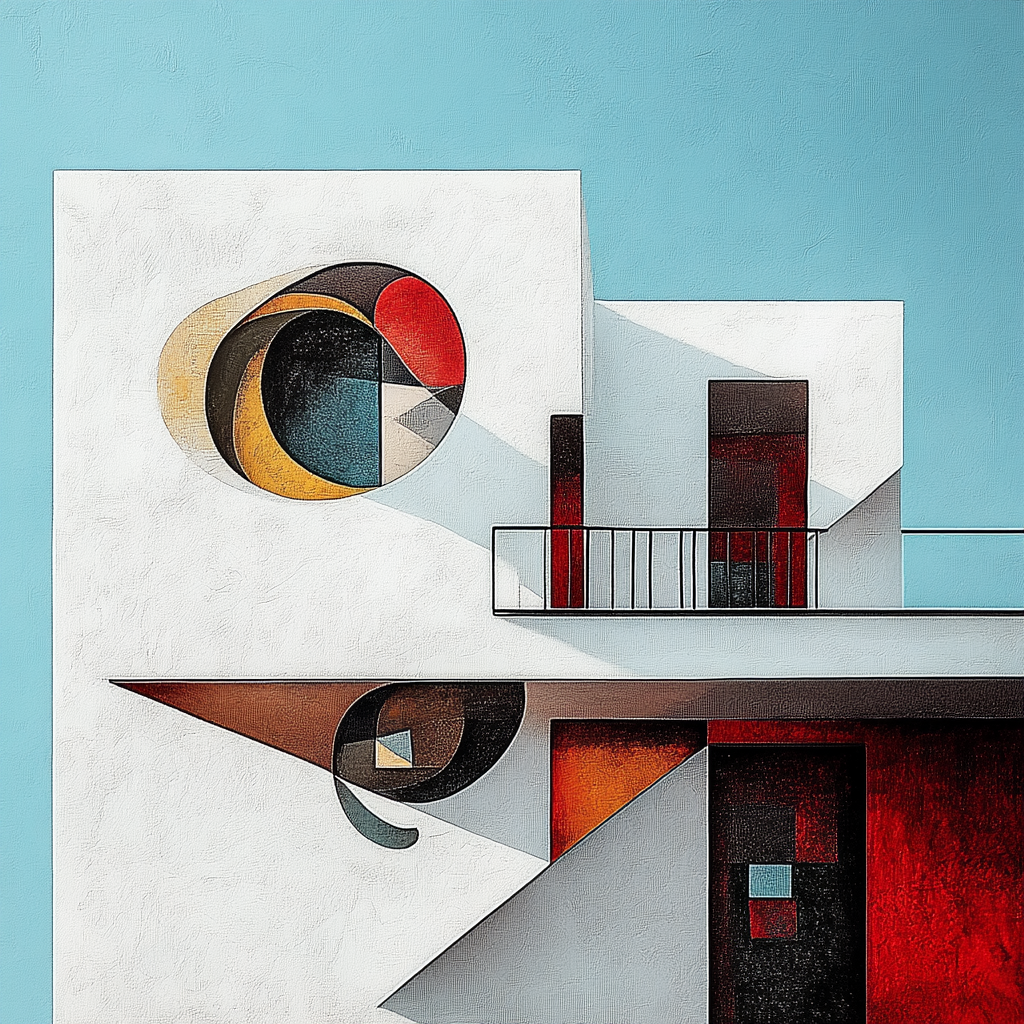 Weiße, moderne Architektur mit klaren Linien und geometrischen Wandmustern in Rot, Gelb, Blau und Schwarz vor einem hellblauen Himmel.
