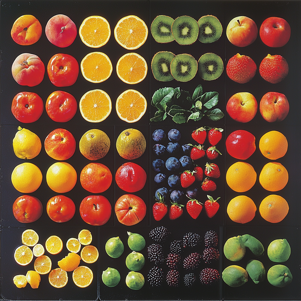 Moderne Komposition aus verschiedenen Früchten wie Orangen, Kiwis, Äpfeln, Zitronen, Pfirsichen, Erdbeeren, Brombeeren und Pflaumen auf dunklem Hintergrund
