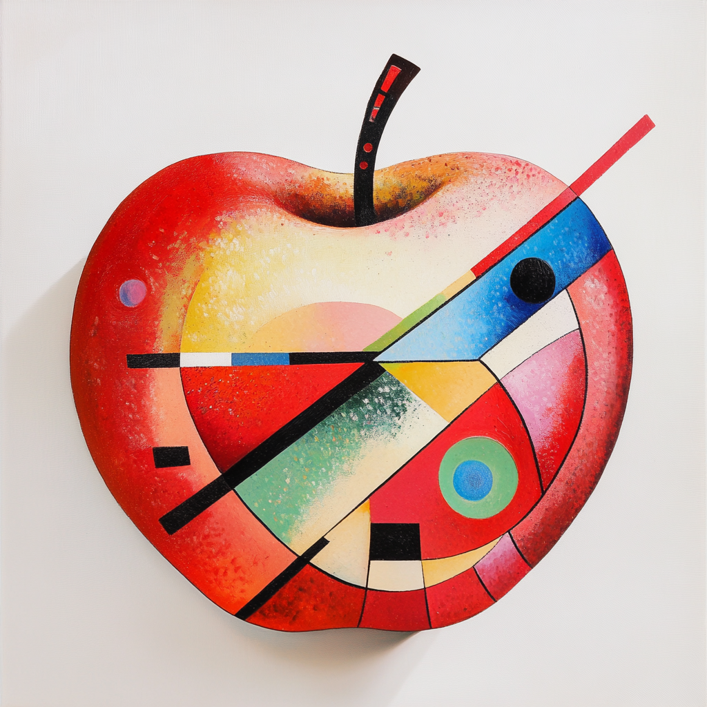 Abstrakte Darstellung eines roten Apfels mit geometrischen Formen und kräftigen Farben im Bauhaus- oder Kandinsky-Stil auf weißem Hintergrund
