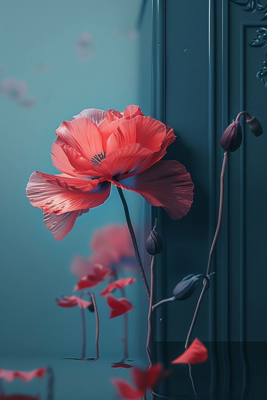 Eine leuchtend rote Mohnblume steht in zartem, blauem Licht – ein poetisches Spiel aus Farbe, Form und Ruhe.
