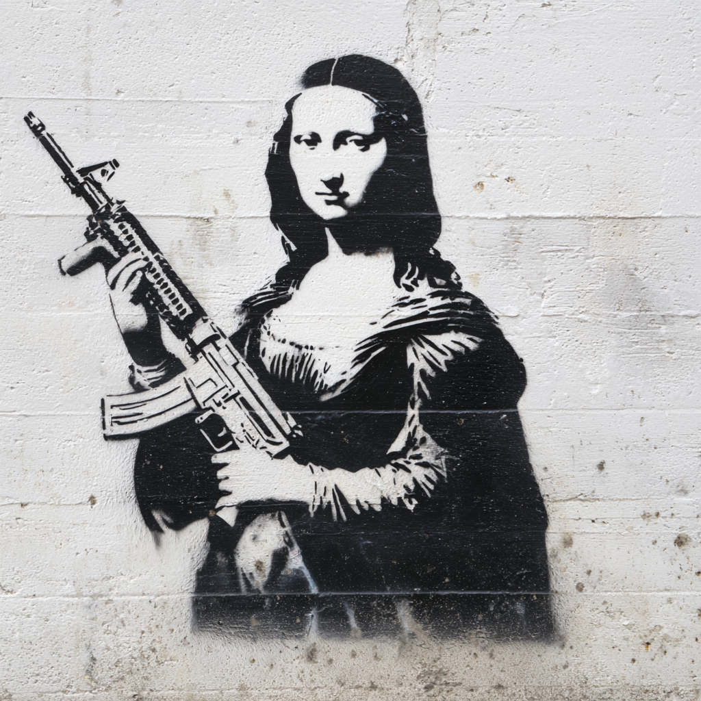 Streetart-Graffiti einer Frau, die an die Mona Lisa erinnert, aber ein Gewehr in den Händen hält – schwarz-weiß auf Betonwand gesprüht.
