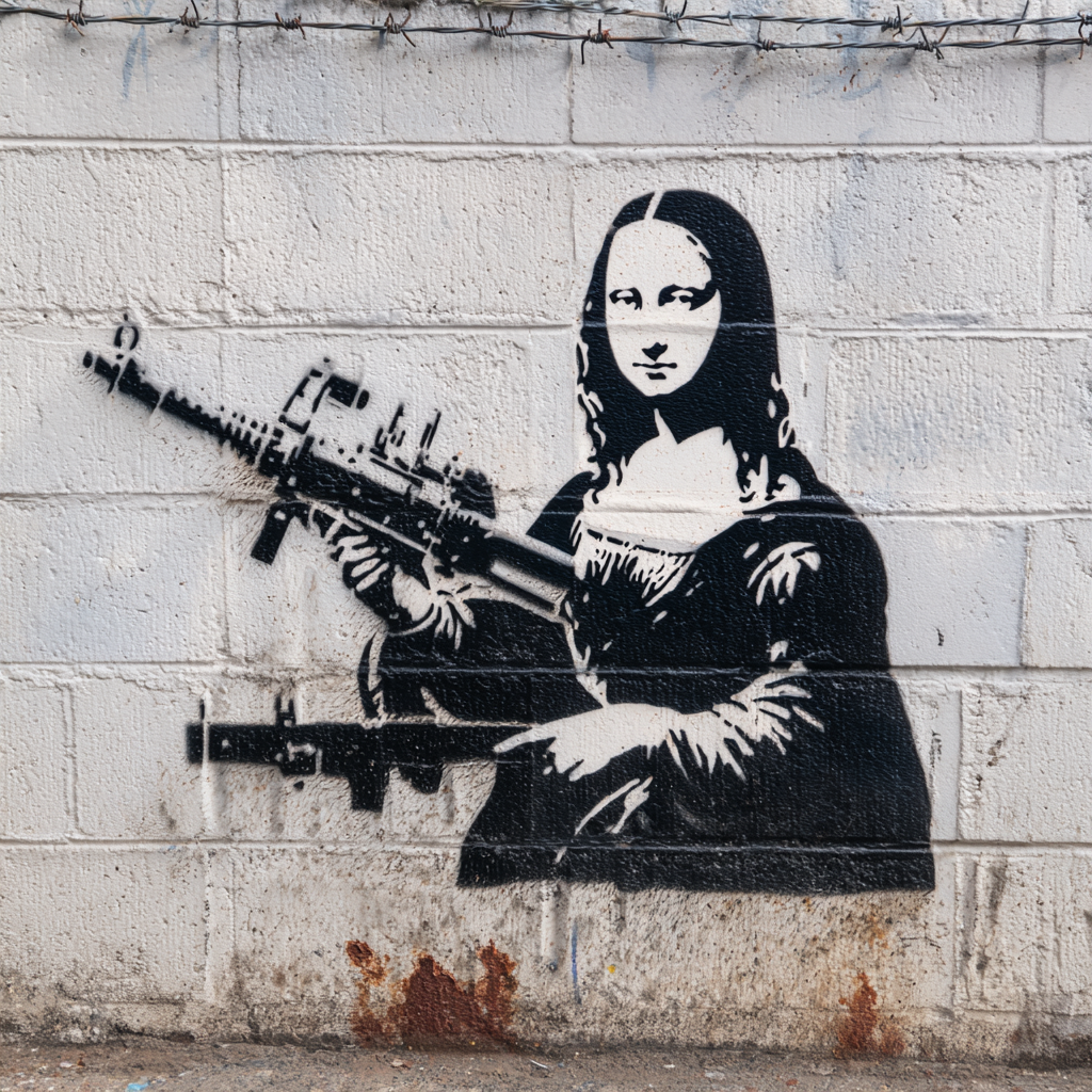 street-art mit mona lisa die ein gewehr hält auf grauer mauer
