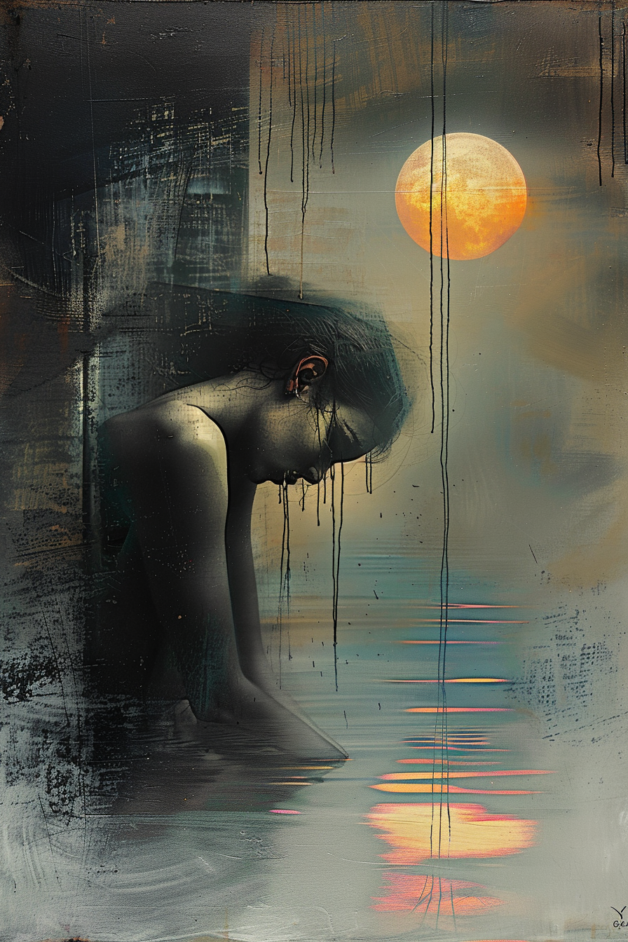 Stimmungsvolles Porträt einer Frau am Wasser unter einem leuchtenden Vollmond – dunkle, malerische Komposition mit Lichtreflexen und melancholischer Atmosphäre.
