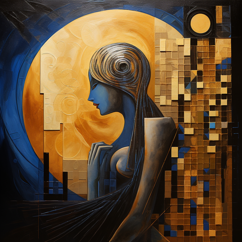 Symbolisches Porträt einer blauen Frau vor goldener Mondscheibe – geometrische Formen und spirituelle Atmosphäre aus Licht und Struktur.
