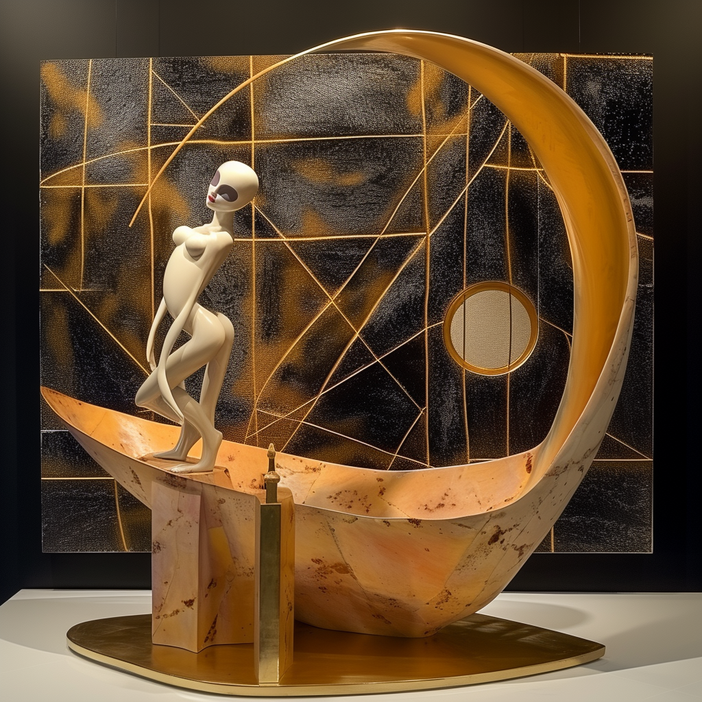 Abstrakte Skulptur einer Figur in einer goldenen Mondsichel vor geometrischem Hintergrund
