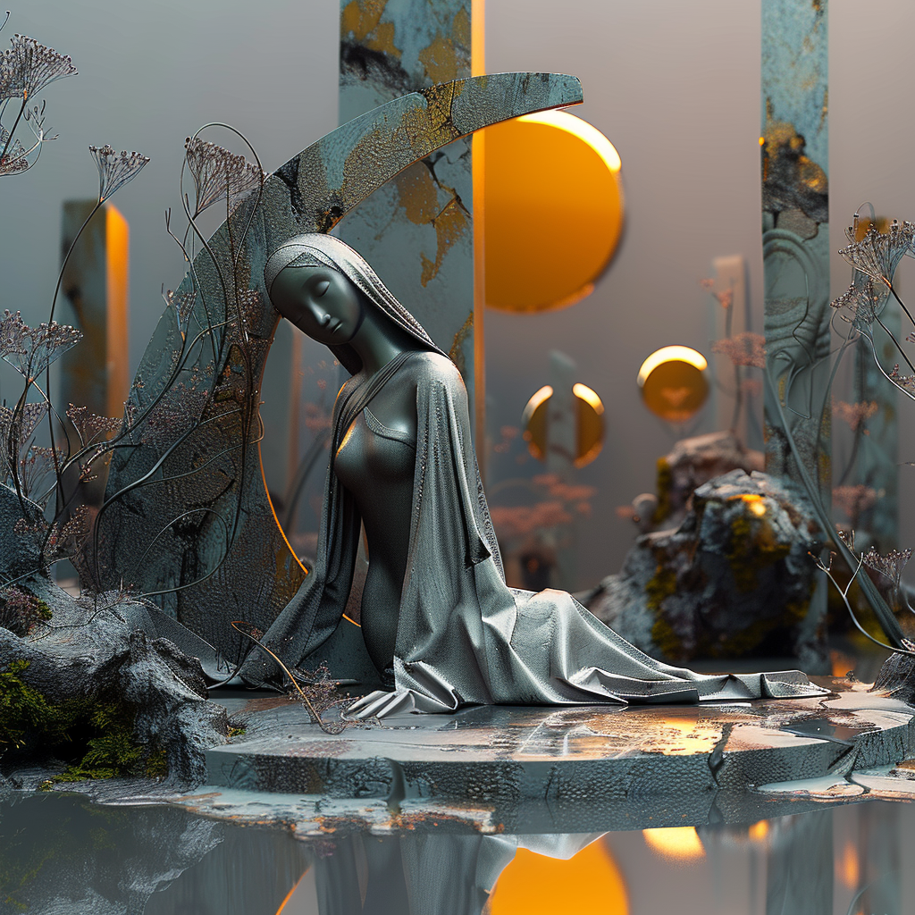 Eine anmutige Figur kniet in einer surrealen Landschaft aus Stein, Mondsymbolen und Lichtreflexen – eine Szene von Ruhe, Andacht und zeitloser Schönheit.
