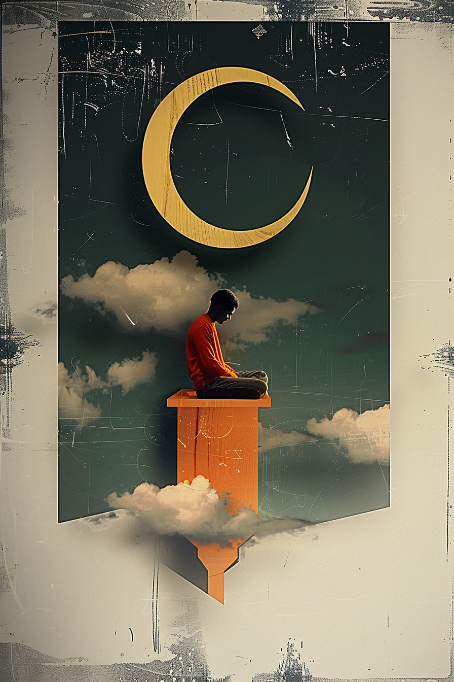 Surreale Szene mit einer sitzenden Person auf einer schwebenden Säule, umgeben von Wolken und einem großen goldenen Halbmond auf dunklem Hintergrund.
