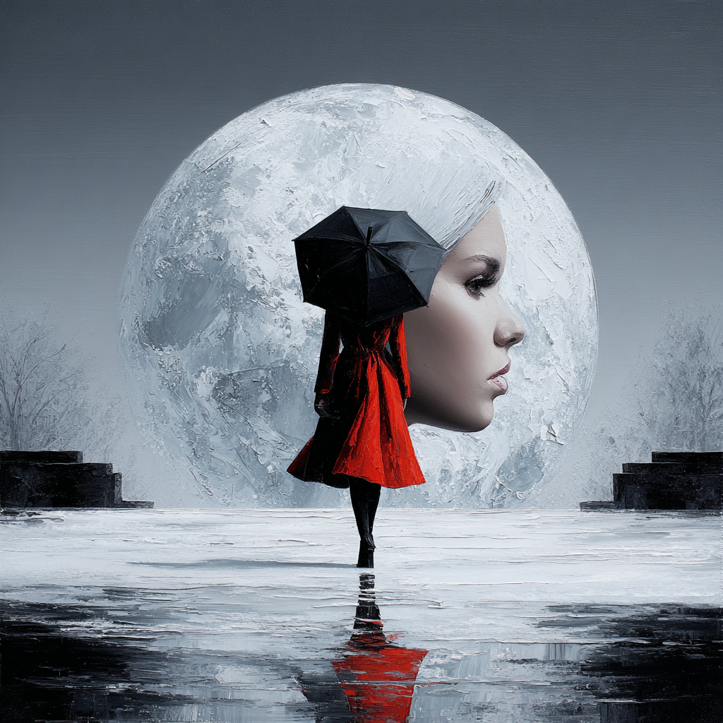 Surrealistische Darstellung einer Frau mit rotem Mantel und schwarzem Regenschirm, deren Profil mit dem Vollmond verschmilzt – Symbol für Traum, Identität und Melancholie.
