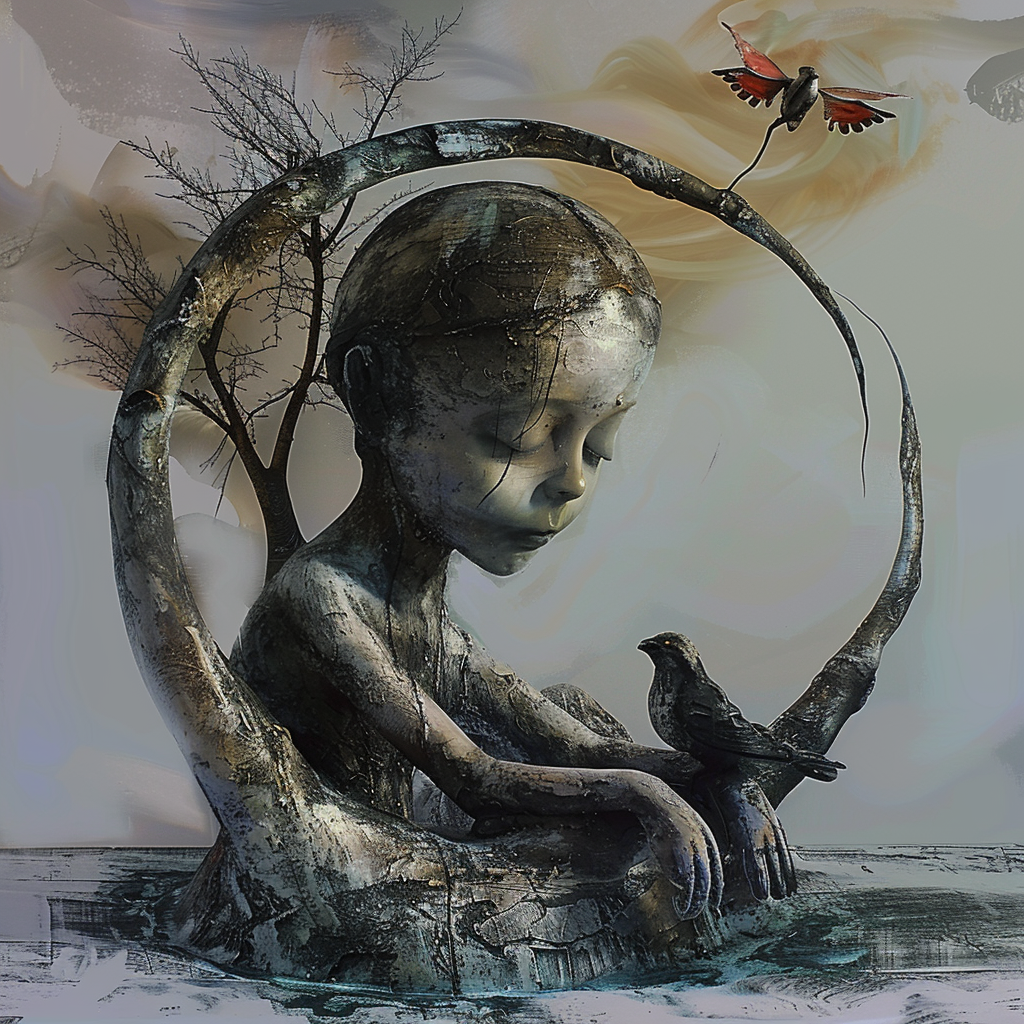 Surreale Figur eines kindlichen Wesens aus Stein in einer Mondsichel, mit einem kleinen Vogel auf der Hand und einem weiteren fliegenden Vogel im Hintergrund.
